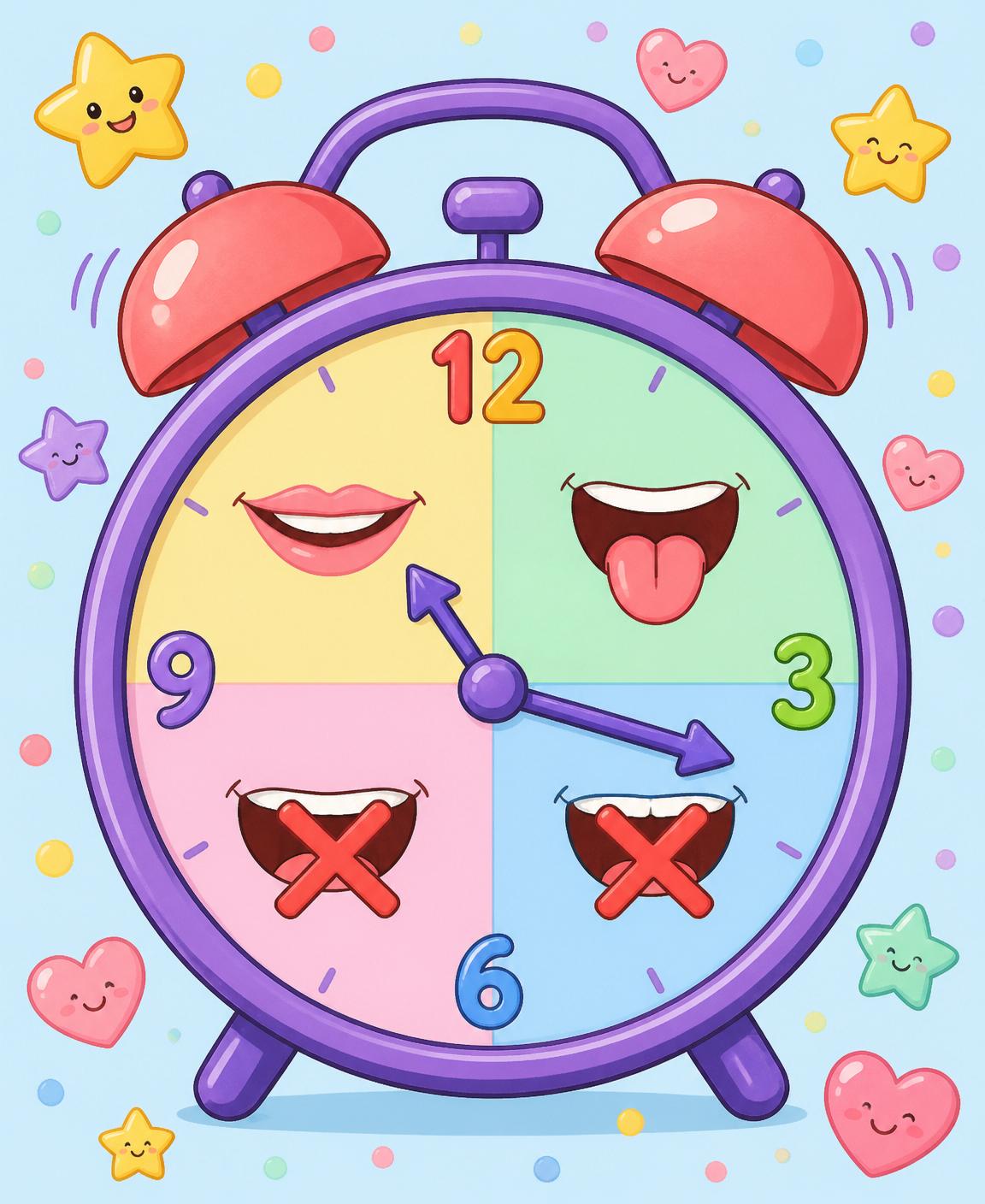Reloj despertador con boquitas de colores mostrando ejercicios orofaciales